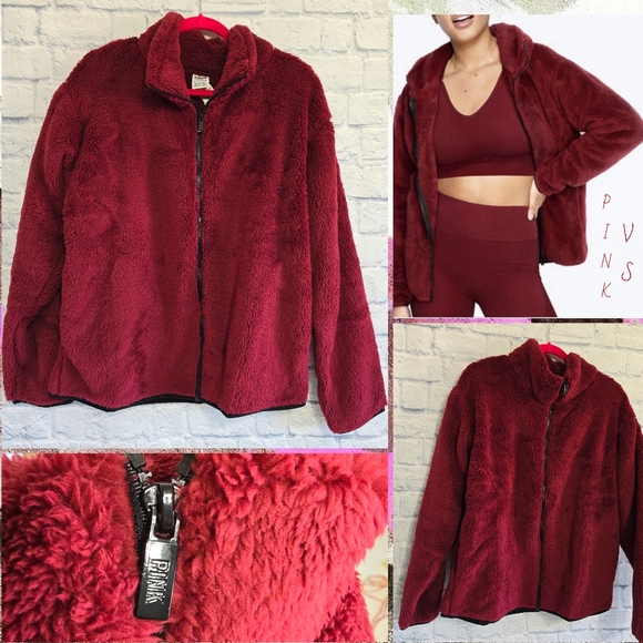 PINK Victoria's Secret Jackets & Blazers - PINK Victoria's Secret Sherpa Teddy Jacket Full Zip Maroon VS Sweater New XL